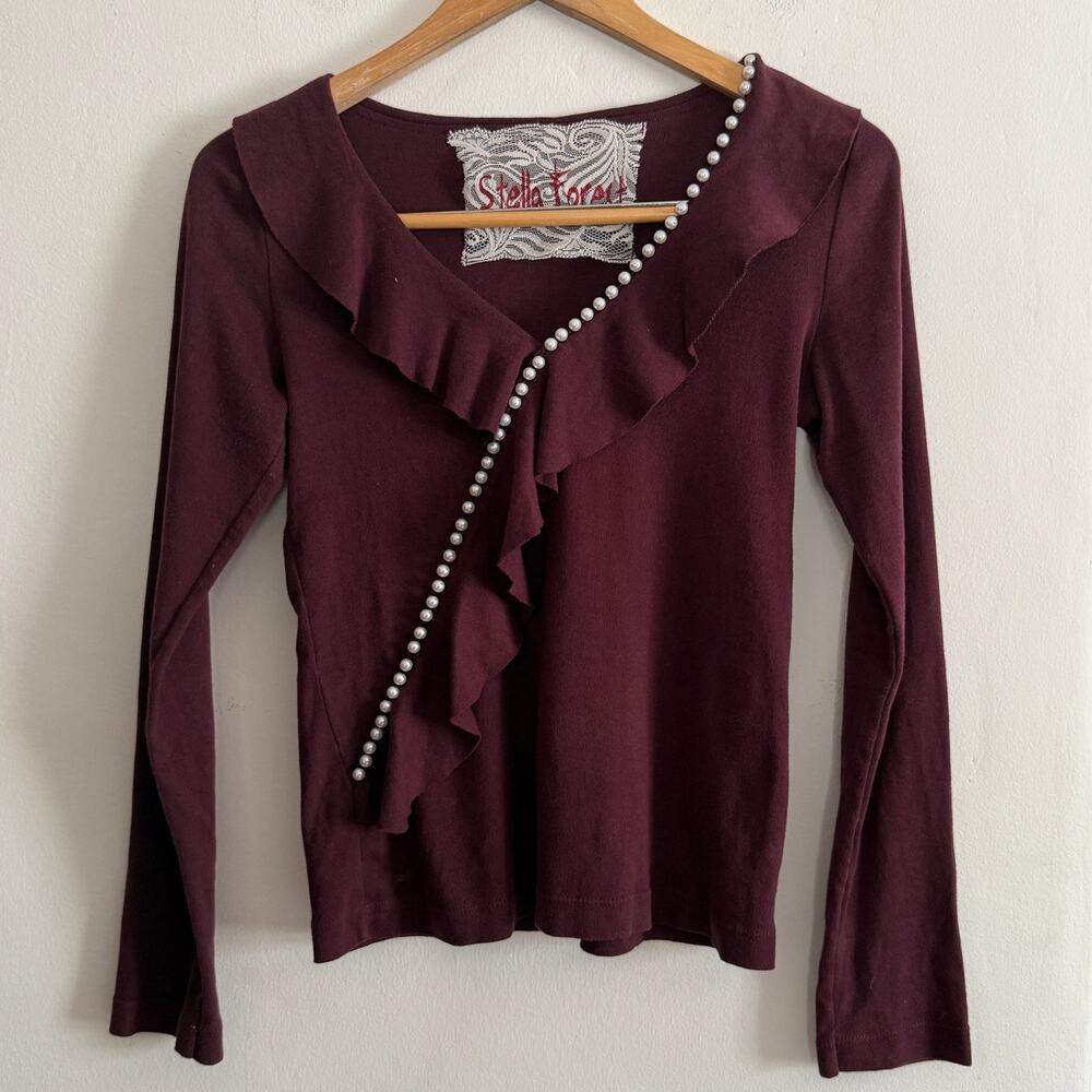 STELLA FOREST | Burgundy Jersey Pearl Trim Ruffle Surplice Faux Wrap Top  Medium